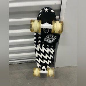 Black and White Skateboard with Yellow Wheels